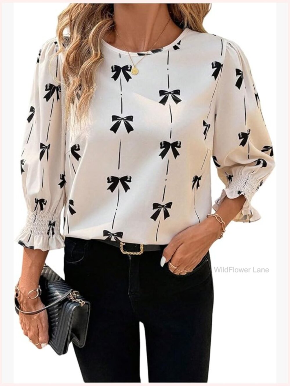 Bow Print Lantern 3/4 Sleeve Blouse Ruffle Crew Neck Business Casual Top